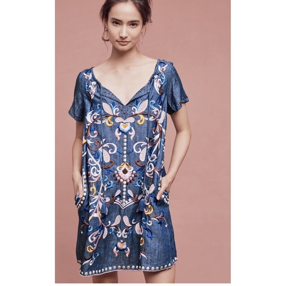 Anthropology Holding Horses Folklore Dress  Size 8 Embroidered Chambray Tunic